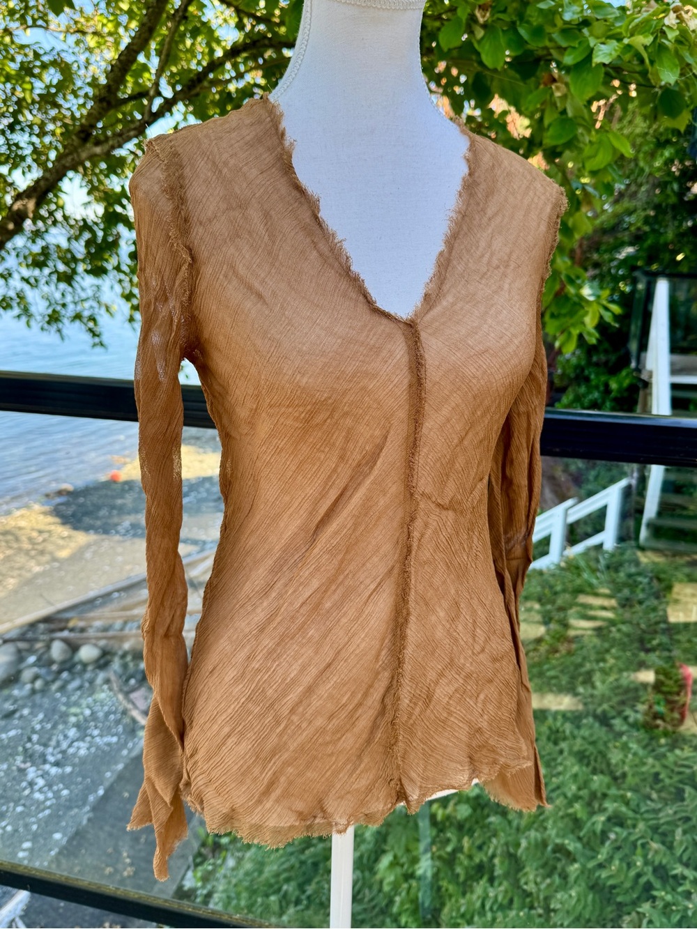 Zara Sheer Long Sleeved Light Brown V Neck Crinkle Top Frayed Seams Size XS